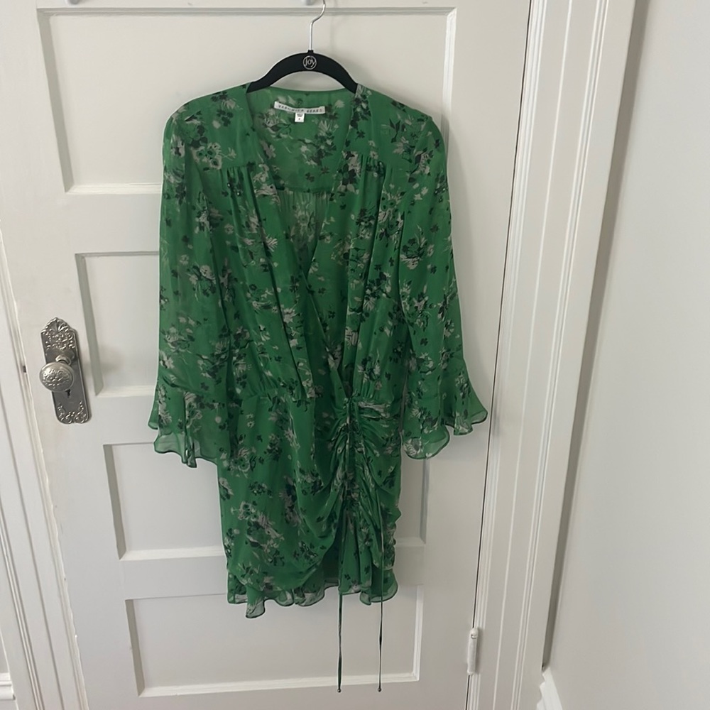 Veronica Beard Sean Green 100% Silk Long Sleeve V Neck Runched Mini Dress